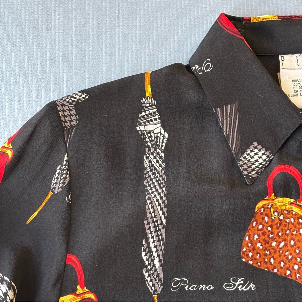 PIANO | Black Silk Vintage 90s Fashionista Silk Button Up Glam Blouse | Size M - Picture 3 of 7